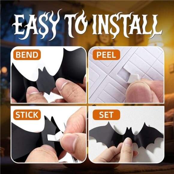 Halloween Bats Wall Decals 3D Stickers Indoor Outdoor Spooky Party Decorations - Picture 6 of 7